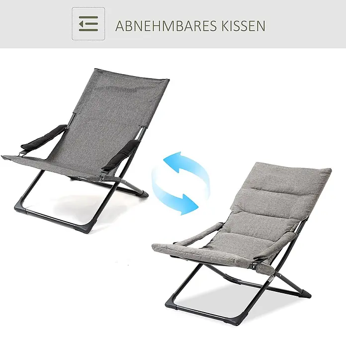 Furnicato Gartenliege - B x T: 66 x 118 cm, Grau, Stahl - Grauer Klappstuhl, dargestellt mit und ohne abnehmbares Polsterkissen für Komfort.