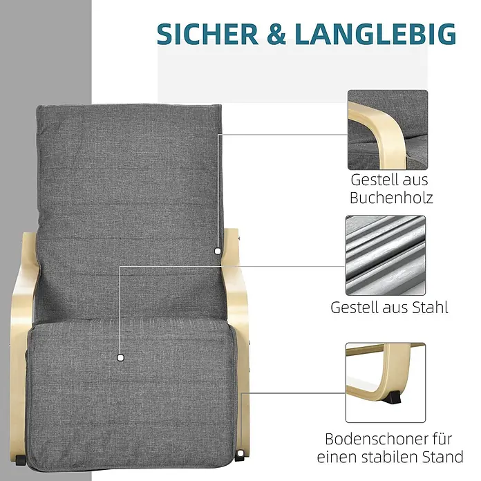 Furnicato Gartenliege - B x T: 94 x 100 cm, Grau, Polyester - Grau gepolsterter Sessel mit Buchenholz- und Stahlgestell, ausgestattet mit stabilen Bodenschonern.