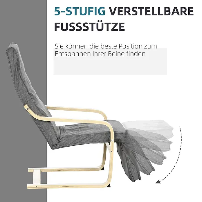 Furnicato Gartenliege - B x T: 94 x 100 cm, Grau, Polyester - Grauer Stoff-Relaxsessel mit hellem Holzrahmen und 5-fach verstellbarer Fußstütze, in verschiedenen Positionen gezeigt.
