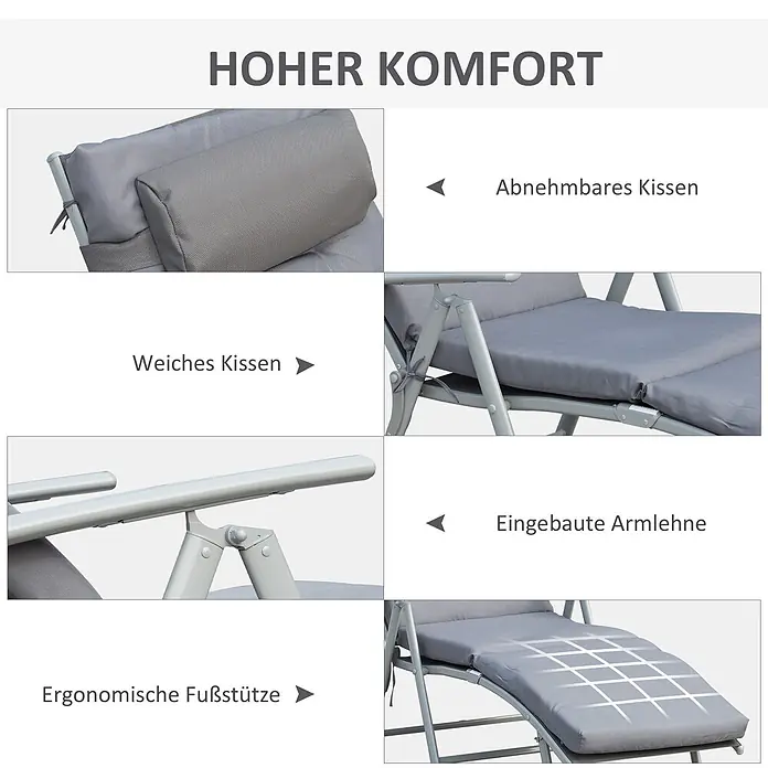 Outsunny Gartenliege - Grau, Metall, Rückenlehne verstellbar - Grauer Liegestuhl mit weichen Polstern, abnehmbarem Kissen, integrierten Armlehnen und ergonomischer Fußstütze für hohen Komfort.