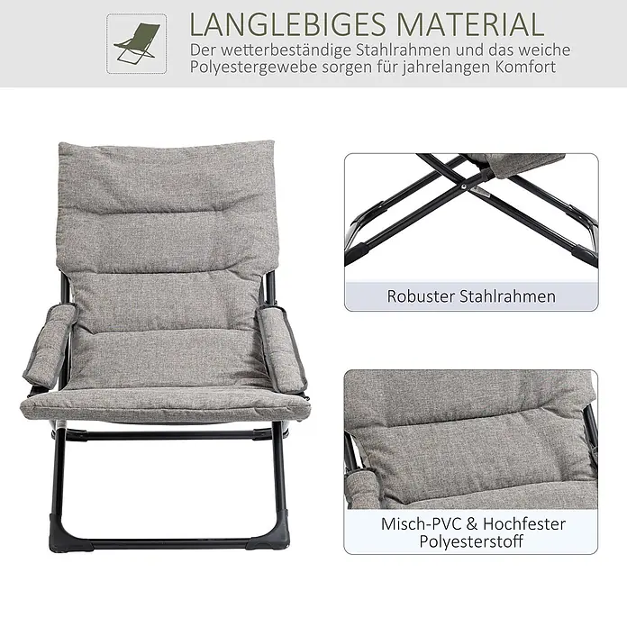 Furnicato Gartenliege - B x T: 66 x 118 cm, Grau, Stahl - Faltbarer grauer gepolsterter Outdoor-Stuhl mit robustem schwarzen Stahlrahmen, für Komfort und Langlebigkeit.