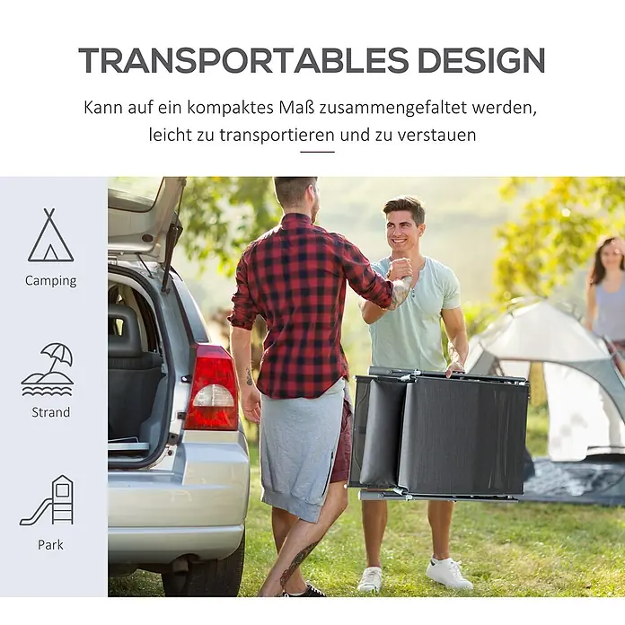 Outsunny Gartenliege - Grau, Metall, Rückenlehne verstellbar - Zwei Männer laden einen dunkelgrauen, faltbaren Outdoor-Artikel in ein Auto auf einem Campingplatz.