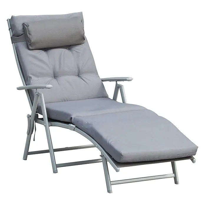Furnicato Gartenliege - B x T: 63,5 x 178 cm, Grau, Metall - Graue gepolsterte, verstellbare Klappliege mit Metallrahmen und Kopfkissen.