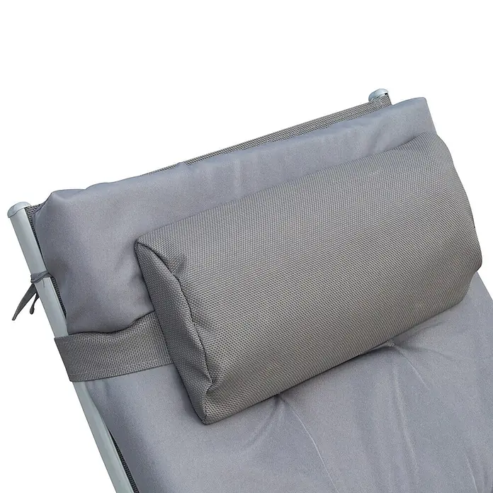 Furnicato Gartenliege - B x T: 63,5 x 178 cm, Grau, Metall - Graues Nackenkissen aus strukturiertem Stoff, an einem Liegestuhl befestigt.