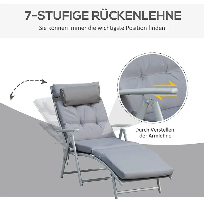 Outsunny Gartenliege - Grau, Metall, Rückenlehne verstellbar - Graue Relaxliege mit 7-fach verstellbarer Rückenlehne, anpassbar über die Armlehne.