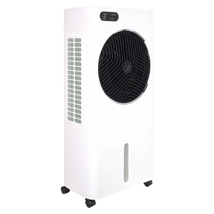 MConfort Climatizador evaporativo Hogar Brisa - Blanco, Altura: 81 cm, 105 W, 12 litros - Enfriador de aire portátil blanco con rejilla frontal negra, pantalla digital, indicador de nivel de agua y ruedas.