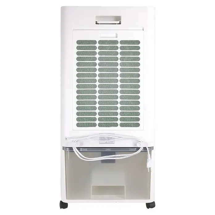 MConfort Climatizador evaporativo Hogar Brisa - Blanco, Altura: 81 cm, 105 W, 12 litros - Enfriador de aire blanco, vista trasera, muestra los filtros/almohadillas de enfriamiento, el tanque de agua translúcido y el cable de alimentación enrollado.