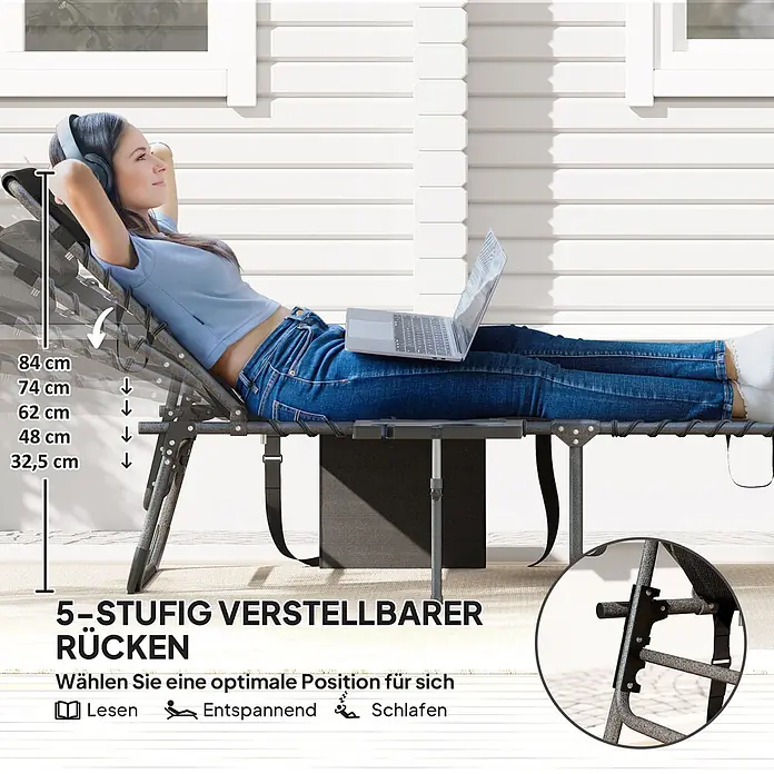Outsunny Gartenliege - B x T: 60 x 190 cm, Schwarz, Stahl, Rückenlehne verstellbar - Grauer 5-fach verstellbarer Relaxliege mit Frau entspannend, zum Lesen, Entspannen und Schlafen geeignet.