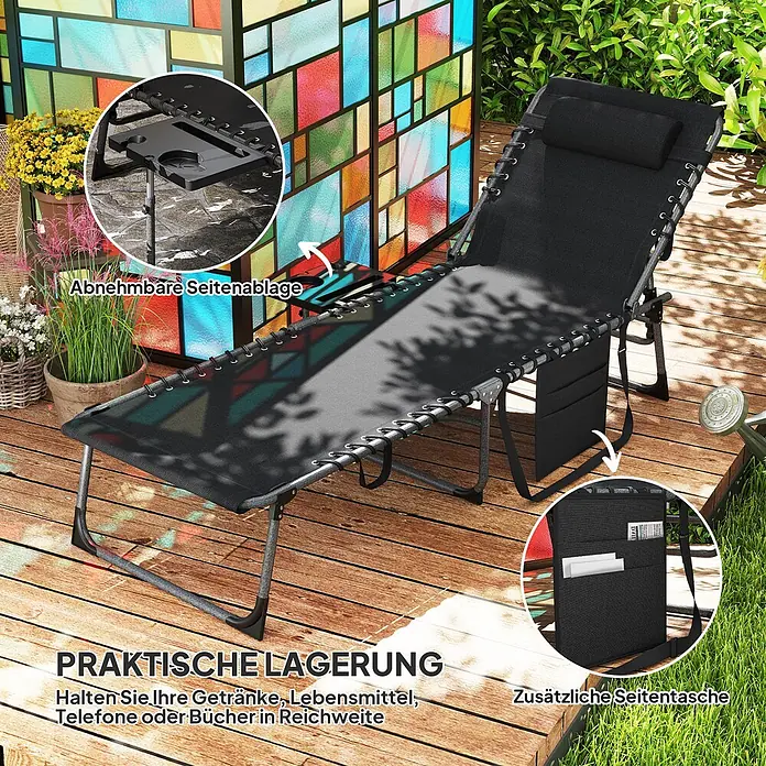 Outsunny Gartenliege - B x T: 60 x 190 cm, Schwarz, Stahl, Rückenlehne verstellbar - Schwarzer Schwerelosigkeits-Liegestuhl mit abnehmbarer Seitenablage und zusätzlicher Seitentasche im Freien.