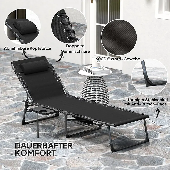 Outsunny Gartenliege - B x T: 60 x 190 cm, Schwarz, Stahl, Rückenlehne verstellbar - Schwarzer Outdoor-Liegestuhl aus 600D Oxford-Gewebe mit Kopfstütze und stabilem U-förmigem Fuß für dauerhaften Komfort.