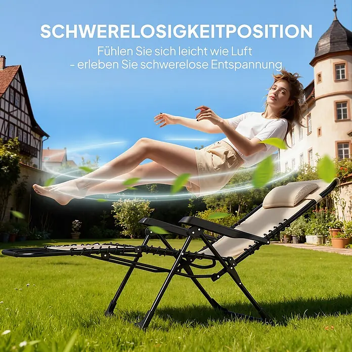 Outsunny Garten-Liegestuhl - Metall, Textelin, Klappbar, Beige, B x T x H: 65 x 160 x 112 cm - Beiger Schwerelosigkeits-Liegestuhl mit schwarzem Gestell, bietet schwerelose Entspannung im Garten.