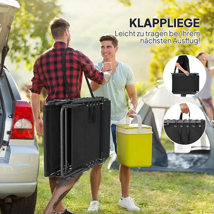 Outsunny Gartenliege - B x T: 60 x 190 cm, Schwarz, Stahl, Rückenlehne verstellbar - Tragbare schwarze Klappliege mit Schultergurt, die getragen wird.