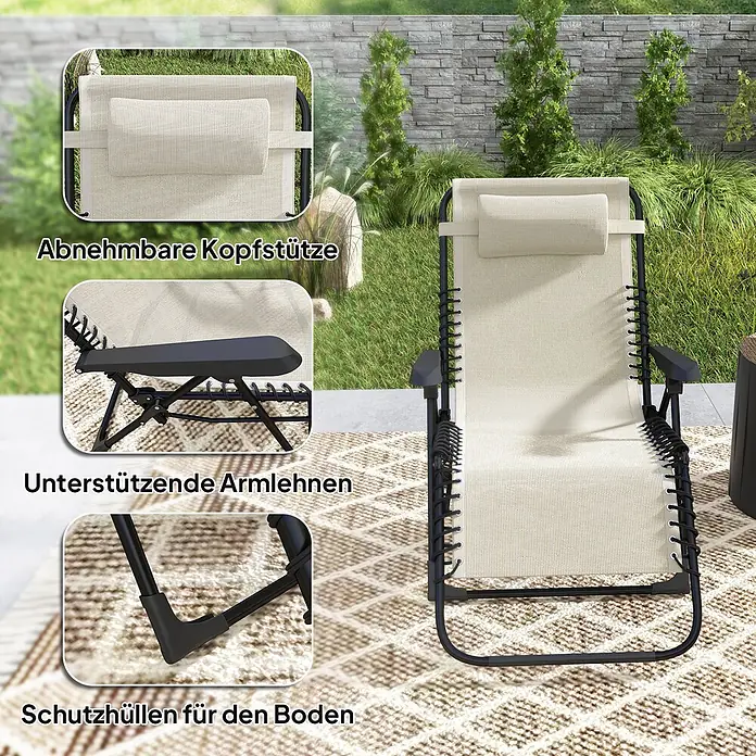 Outsunny Garten-Liegestuhl - Metall, Textelin, Klappbar, Beige, B x T x H: 65 x 160 x 112 cm - Ein beiger Outdoor-Liegestuhl mit schwarzem Gestell. Nahaufnahmen zeigen die abnehmbare Kopfstütze, unterstützende Armlehnen und Schutzhüllen für den Boden.