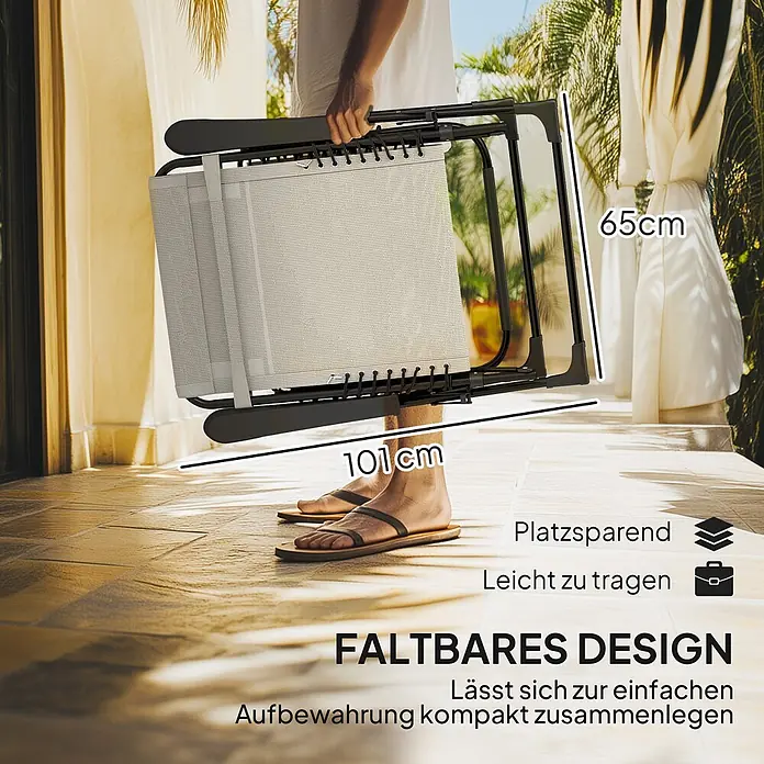 Outsunny Garten-Liegestuhl - Metall, Textelin, Klappbar, Beige, B x T x H: 65 x 160 x 112 cm - Gefalteter, kompakter Liegestuhl mit hellem Stoff und schwarzem Gestell, von Person getragen (101x65cm).