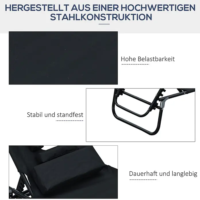Furnicato Gartenliege - B x T: 58 x 190 cm, Schwarz - Details eines schwarzen Liegestuhls/Stuhls: hochwertiges Stahlgestell, strapazierfähiger Stoff und bequeme Polsterung für Stabilität und hohe Belastbarkeit.