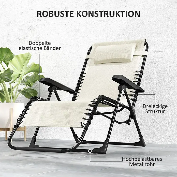 Outsunny Garten-Liegestuhl - Metall, Textelin, Klappbar, Beige, B x T x H: 65 x 160 x 112 cm - Beiger Zero-Gravity-Liegestuhl mit schwarzem Metallrahmen, doppelten Gummibändern, dreieckiger Struktur und hochbelastbarem Metallrohr.