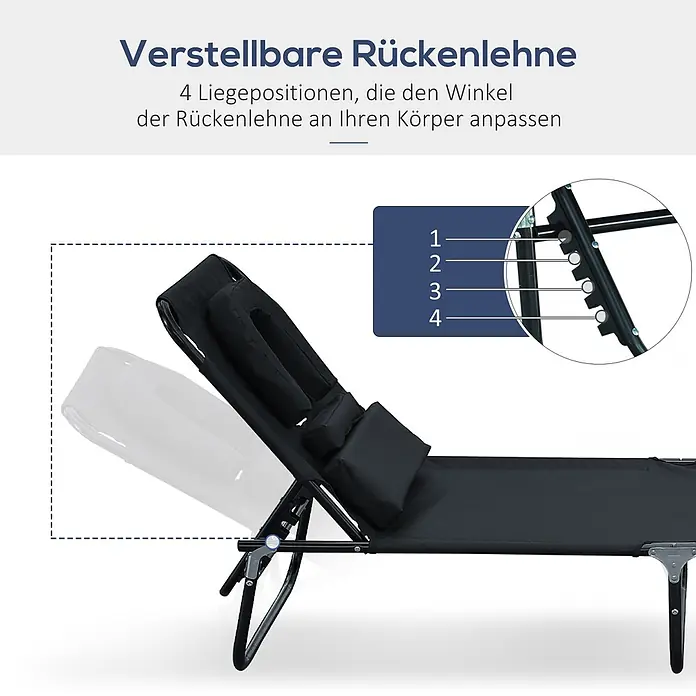 Furnicato Gartenliege - B x T: 58 x 190 cm, Schwarz - Schwarze klappbare Sonnenliege mit verstellbarer Rückenlehne, die 4 Liegepositionen zeigt.