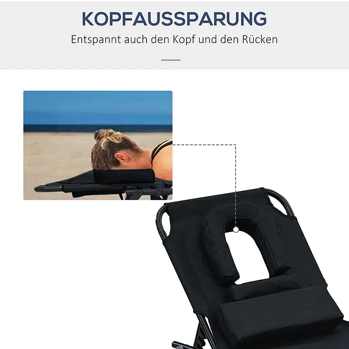 Furnicato Gartenliege - B x T: 58 x 190 cm, Schwarz - Schwarze Liege mit gepolsterter Kopfaussparung für entspanntes Liegen auf dem Bauch.