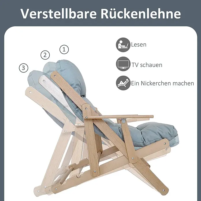 Furnicato Gartenliege - B x T: 95,5 x 103 cm, Hellgrau, Holz - Verstellbarer Holzstuhl mit hellblauem Kissen, in drei Positionen zum Lesen, Fernsehen oder Nickerchen machen.