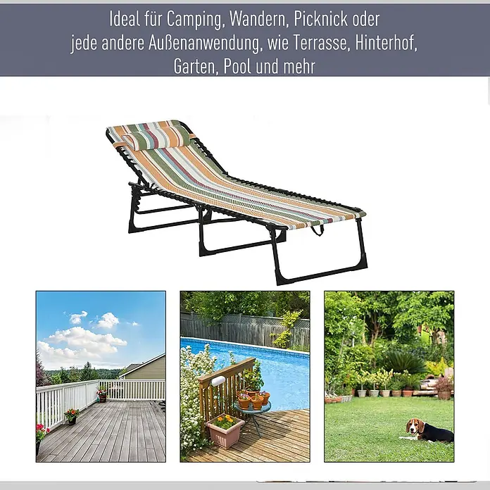 Furnicato Gartenliege - B x T: 58 x 189 cm, Grün, Orange, Weiß, Polyester - Bunter gestreifter Klappliegestuhl mit Kopfkissen für die Entspannung im Freien.
