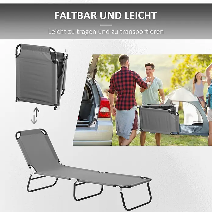 Furnicato Gartenliege - B x T: 56 x 188 cm, Grau, Verbundwerkstoff - Graues faltbares Campingbett, gefaltet, entfaltet und am Campingplatz getragen, betont seine Tragbarkeit.