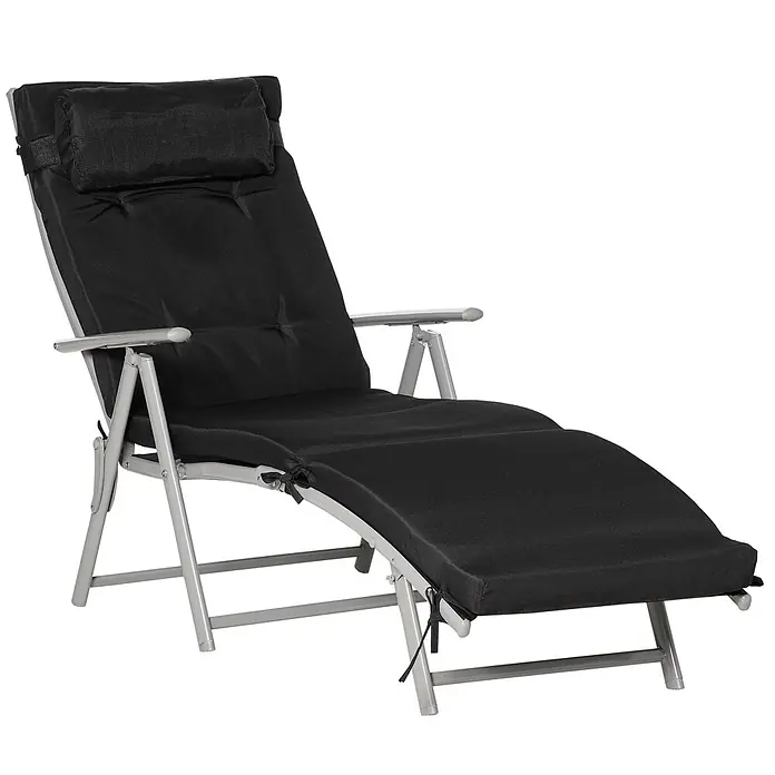 Furnicato Gartenliege - B x T: 63,5 x 178 cm, Schwarz, Metall - Schwarze gepolsterte Liege mit verstellbarem grauem Metallrahmen und Kopfkissen.