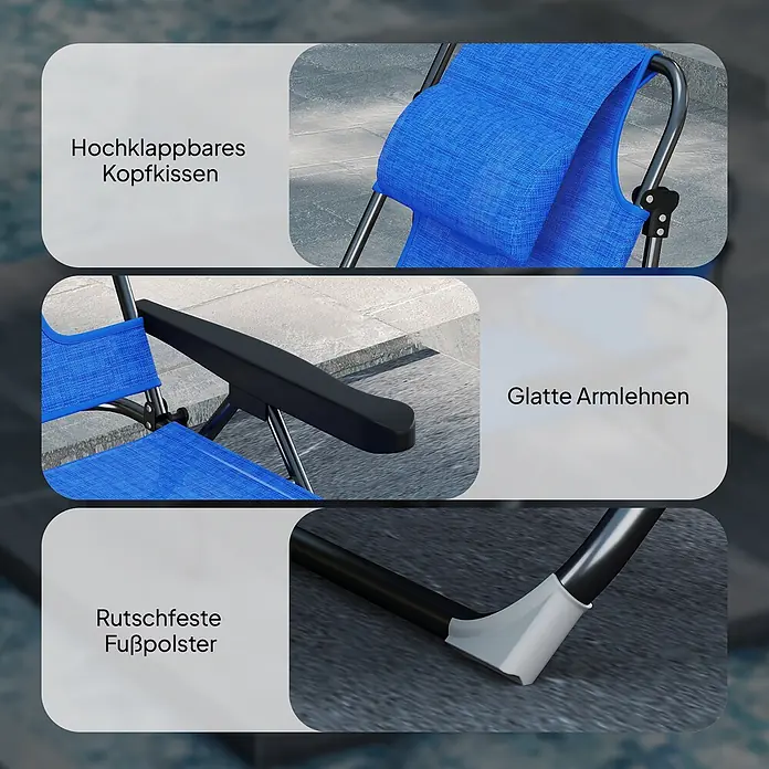 Furnicato Gartenliege - B x T: 72 x 194 cm, Dunkelblau, Polyester - Blauer Klappstuhl mit hochklappbarem Kopfkissen, glatten Armlehnen und rutschfesten Fußpolstern im Detail.