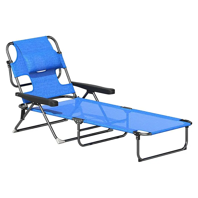 Furnicato Gartenliege - B x T: 72 x 194 cm, Dunkelblau, Polyester - Blauer Klappliegestuhl mit verstellbarer Rückenlehne und schwarzen Armlehnen. Ideal für Entspannung im Freien.