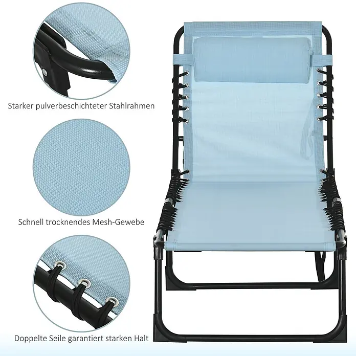 Outsunny Gartenliege - B x T: 58 x 189 cm, Türkis, Stahl, Rückenlehne verstellbar - Hellblauer Relaxsessel mit schwarzem pulverbeschichtetem Stahlrahmen und schnell trocknendem Netzgewebe, mit Bungee-Seil-Federung.