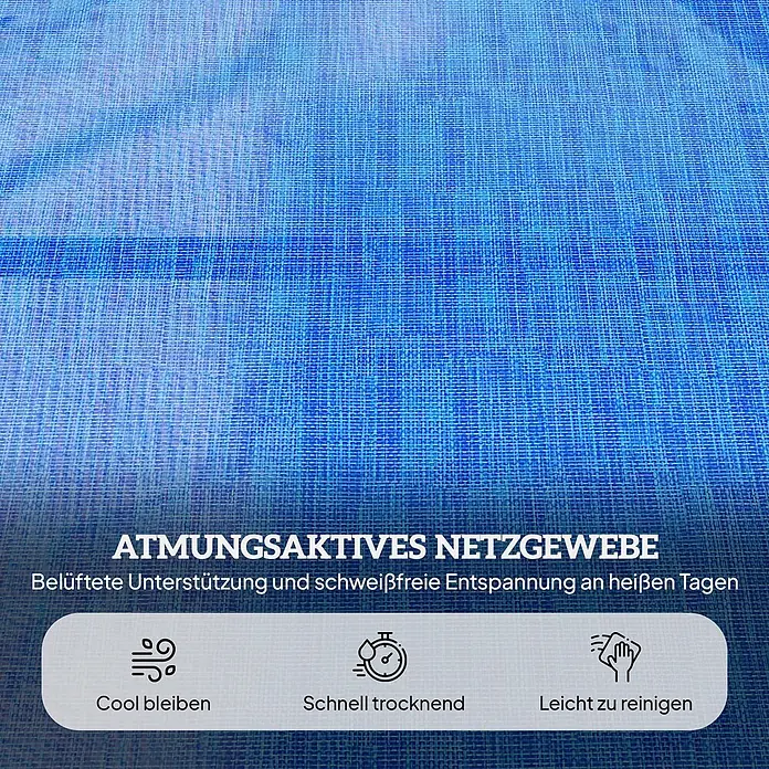 Furnicato Gartenliege - B x T: 72 x 194 cm, Dunkelblau, Polyester - Nahaufnahme von blauem atmungsaktivem Netzgewebe, das kühlende, schnell trocknende und leicht zu reinigende Eigenschaften hervorhebt.