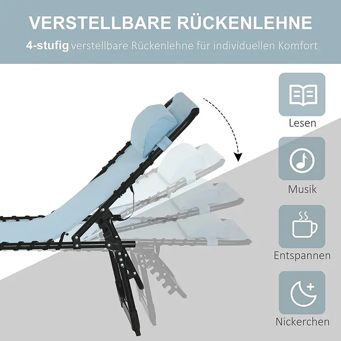 Outsunny Gartenliege - B x T: 58 x 189 cm, Türkis, Stahl, Rückenlehne verstellbar - Hellblauer Relaxsessel mit schwarzem Gestell, zeigt die 4-stufig verstellbare Rückenlehne für verschiedene Entspannungspositionen.