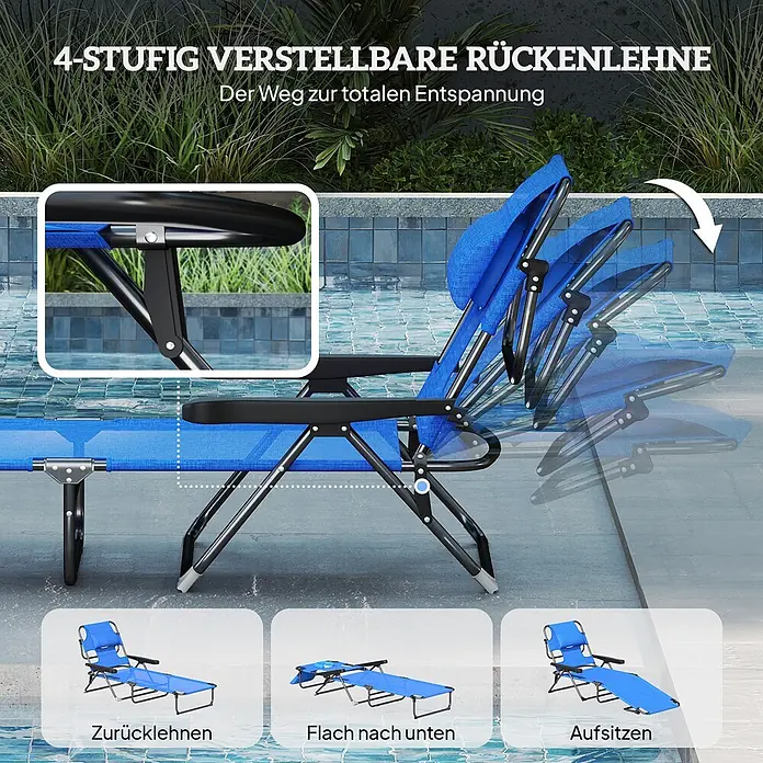 Furnicato Gartenliege - B x T: 72 x 194 cm, Dunkelblau, Polyester - Blauer Klappliegestuhl mit schwarzem Gestell am Pool, der seine 4-fach verstellbare Rückenlehne zeigt.