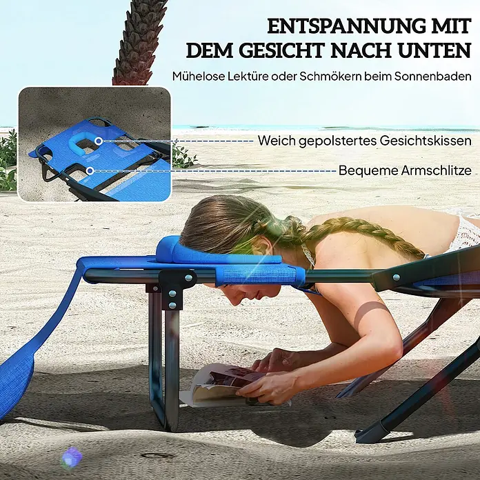 Furnicato Gartenliege - B x T: 72 x 194 cm, Dunkelblau, Polyester - Blauer Sonnenliege für Gesicht-nach-unten-Entspannung mit weichem Gesichtskissen und Armschlitzen, eine Person liest am Strand.