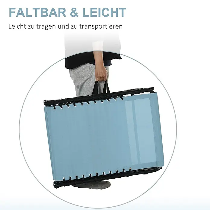 Outsunny Gartenliege - B x T: 58 x 189 cm, Türkis, Stahl, Rückenlehne verstellbar - Hellblauer, faltbarer Trampolin, von einer Person getragen, zeigt seine Tragbarkeit.