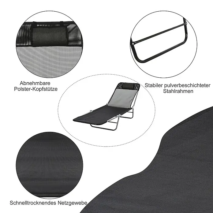 Furnicato Gartenliege - B x T: 57 x 182 cm, Schwarz, Textil - Schwarze klappbare Sonnenliege mit stabilem pulverbeschichtetem Stahlrahmen, schnelltrocknendem Netzgewebe und abnehmbarer Kopfstütze.