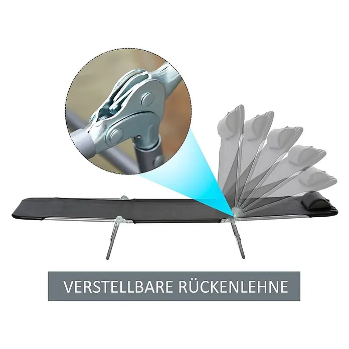 Furnicato Gartenliege - B x T: 57 x 182 cm, Schwarz, Textil - Dunkelgraue Klappliege mit silbernem Rahmen und verstellbarer Rückenlehne, gezeigt in verschiedenen Liegepositionen mit Fokus auf den Verstellmechanismus.