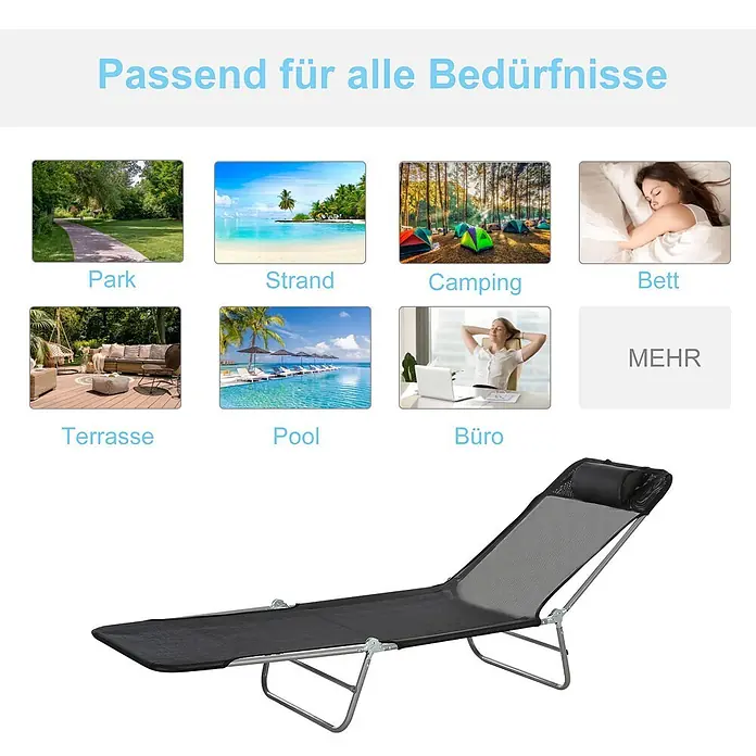 Furnicato Gartenliege - B x T: 57 x 182 cm, Schwarz, Textil - Schwarze, klappbare Sonnenliege mit Kopfstütze, umgeben von Bildern, die vielseitige Einsatzmöglichkeiten im Park, am Strand und mehr zeigen.