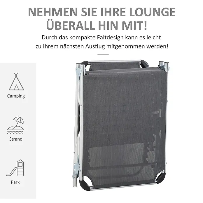 Outsunny Gartenliege - Grau, Aluminium - Faltbarer, dunkelgrauer Mesh-Liegestuhl mit silbernem Rahmen, kompakt zusammengeklappt für einfachen Transport.