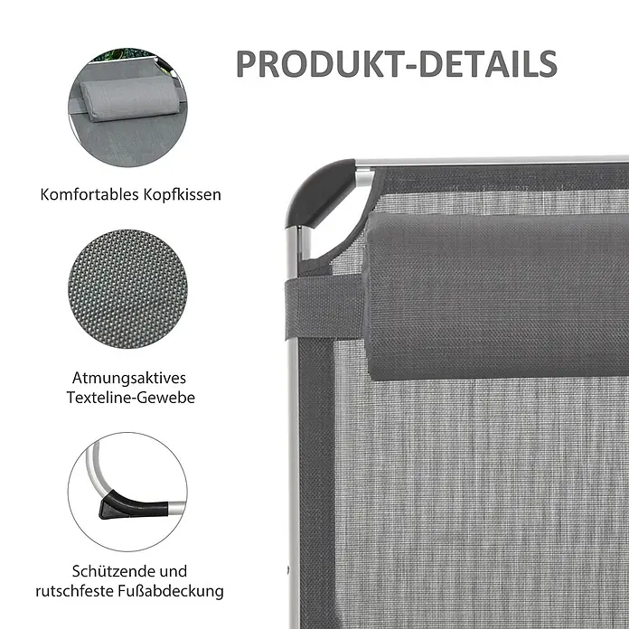 Outsunny Gartenliege - Grau, Aluminium - Graue Liegestuhl-Details: bequemes Kopfkissen, atmungsaktives Textilene-Gewebe und rutschfeste Fußkappen.