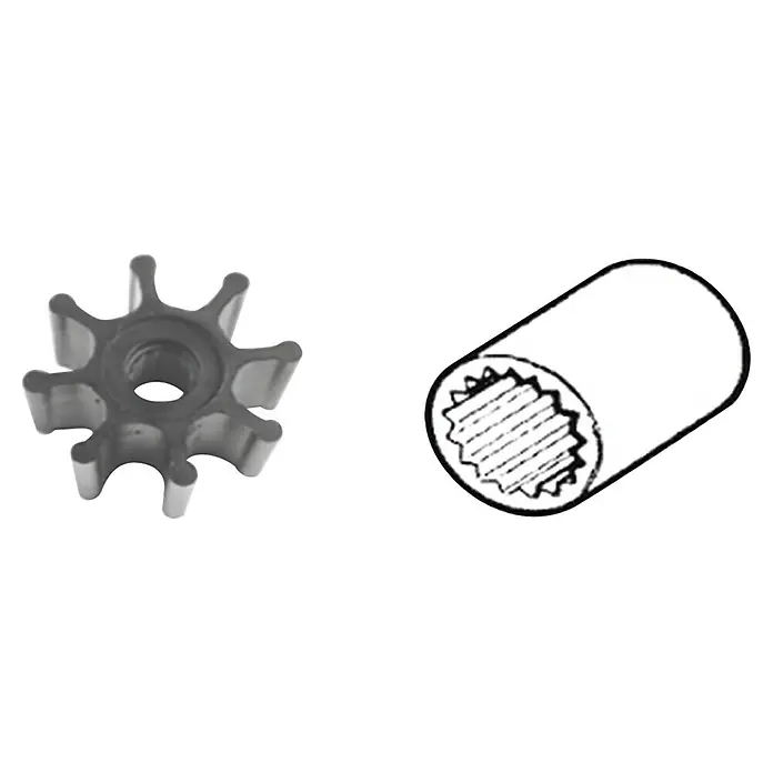 CEF Impeller 500106 GT - Ø x L: 65 x 50,2 mm, Wellendurchmesser: 65 mm - Abgebildet sind eine Impellerpumpe mit acht Flügeln und eine zylindrische Welle mit Innenverzahnung.