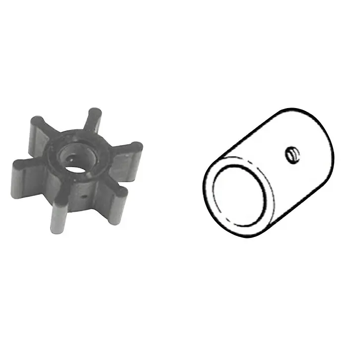 CEF Impeller 500131 X - Ø x L: 39,6 x 19 mm, Wellendurchmesser: 10 mm - Schwarzes, sternförmiges Pumpenrad aus Gummi und eine weiße, zylindrische Hülse auf schwarzem Hintergrund.