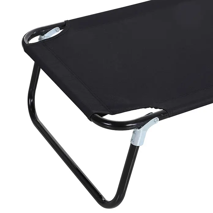 Furnicato Gartenliege - B x T: 56 x 188 cm, Schwarz, Verbundwerkstoff - Nahaufnahme eines schwarzen Klappbetts mit schwarzem Metallrahmen und silbernen Scharnieren.
