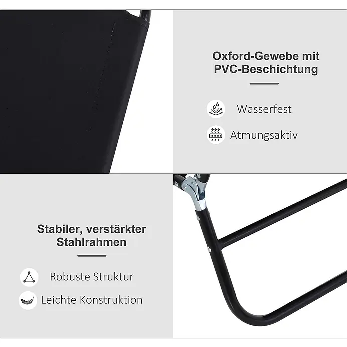 Furnicato Gartenliege - B x T: 56 x 188 cm, Schwarz, Verbundwerkstoff - Schwarz beschichtetes Oxford-Gewebe (wasserfest, atmungsaktiv) und robuster, leichter Stahlrahmen.