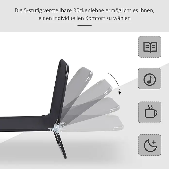 Furnicato Gartenliege - B x T: 56 x 188 cm, Schwarz, Verbundwerkstoff - Schwarze, verstellbare Rückenlehne mit 5 Neigungspositionen. Symbole zeigen Nutzung zum Lesen, Musikhören, Trinken und Ruhen.