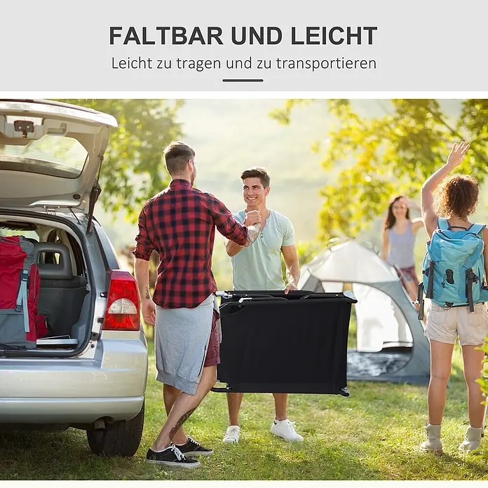 Furnicato Gartenliege - B x T: 56 x 188 cm, Schwarz, Verbundwerkstoff - Ein schwarzes, faltbares Feldbett, leicht und einfach zu transportieren, wird von zwei Männern auf einem Campingplatz getragen.