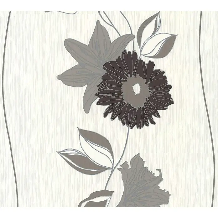 Daniel Hechter Vliestapete 2 - Beige/Braun/Metallic, Floral, 10,05 x 0,53 m - Nahaufnahme einer floral gemusterten Tapete mit stilisierten Blüten und Blättern in Grau- und Brauntönen auf weißem Grund.