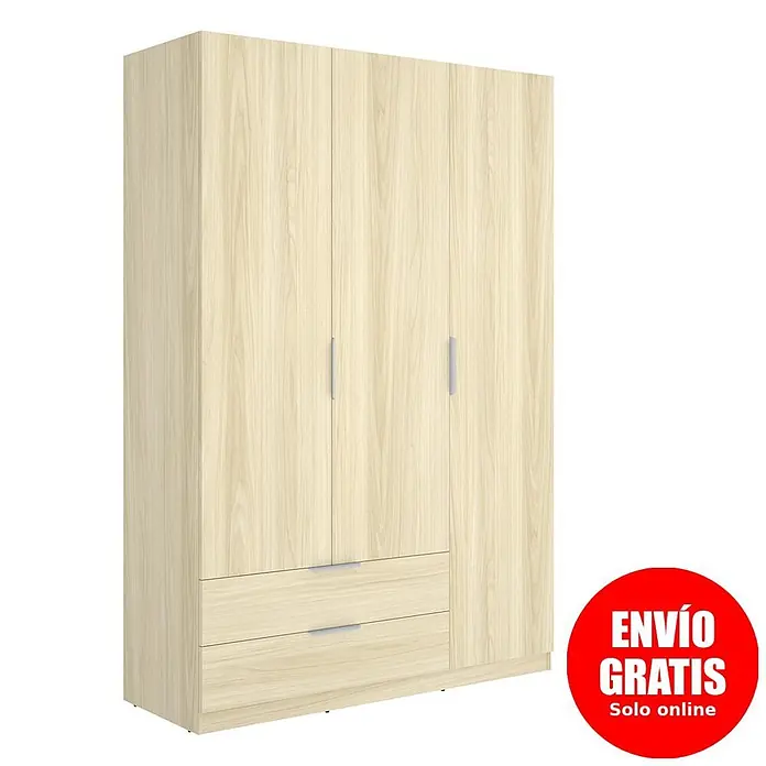 Dekit Armario para ropa Emax - L x An x Al: 51,4 x 136,6 x 203,5 cm, Roble claro, Número de cajones: 2 ud. - Armario efecto madera clara con tres puertas y dos cajones, con tiradores plateados.