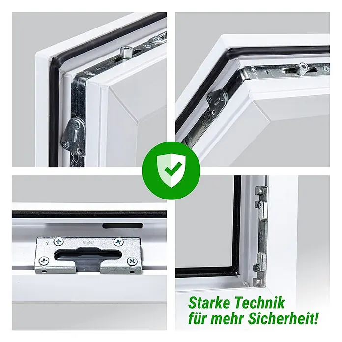 Neruli Kellerfenster weiß Dreh-Kipp 90x90 cm(BxH) DIN Rechts 3 -fach Glas Dichtung Schwarz - 90 x 90 cm, DIN Anschlag: Rechts, Weiß - Nahaufnahme von Metall-Fenstersicherheitstechnik in einem weißen Rahmen, die robuste Verriegelungsmechanismen für erhöhte Sicherheit hervorhebt.