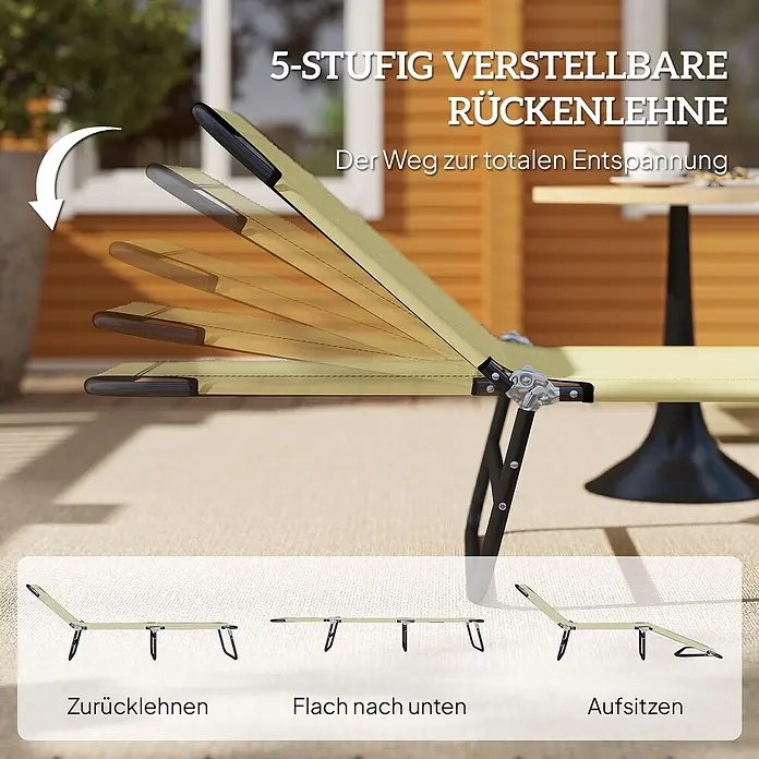 Furnicato Gartenliege - B x T: 56 x 188 cm, Cremeweiß, Verbundwerkstoff - Beige 5-fach verstellbare Liege mit schwarzem Gestell, zeigt die Rückenlehne in verschiedenen Sitz- und Liegepositionen auf einer Terrasse.