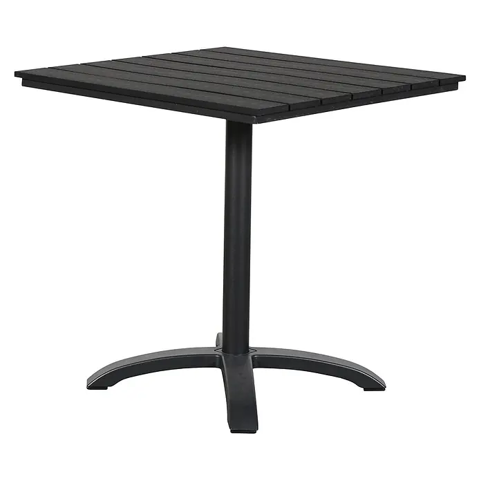 Ebuy24 Gartentisch Alli - L x B x H: 70 x 70 x 72 cm, Ø x H: 70 x 72 cm, Aluminium, Polywood, Sonstige, Schwarz - Schwarzer quadratischer Bistrotisch mit Lattenplatte und stabilem Standsockel.
